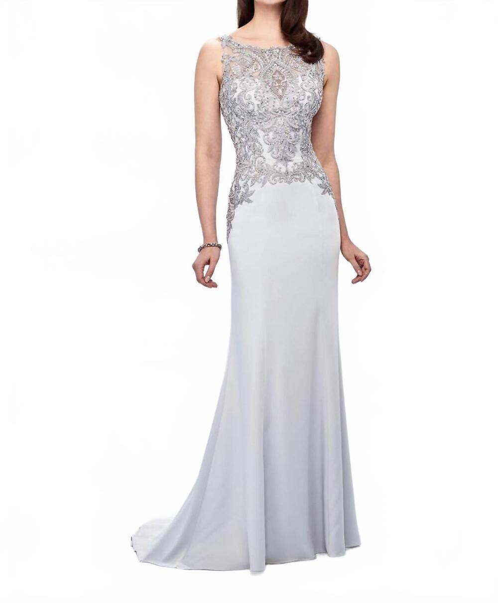 NEW MONTAGE BY MON CHERI formal evening gown dress in ice gray